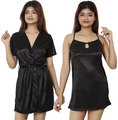 Nivcy Women Satin Nightwear Combo of Two Robe Knots Tie-Up/Nighties/ Stylish Nightwear for Women's / Relaxed at Day Night Both Color (Small)