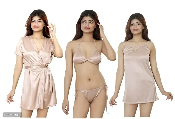 Nivcy Women's Satin Nighwear's Combo Three for Robe/Lingerie Set/Short Nighties Use for Honeymoon/Bridal Set/Sexy Swimwear/Relaxed at Home and Comfortable Color Beige (Small)-thumb0