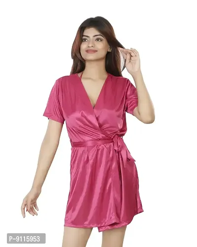 Nivcy Women Satin Comfortable V-Neck Nightwear/Robe Dark Pink (Small)-thumb0