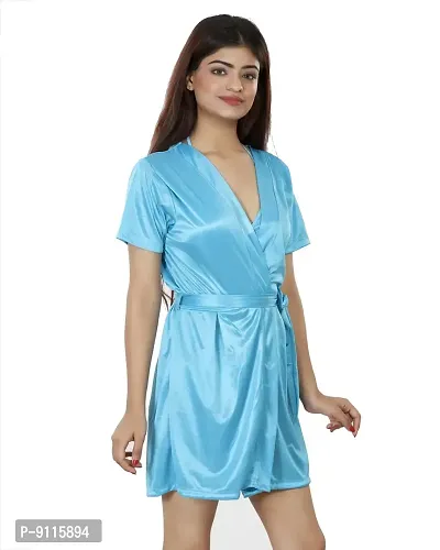 Nivcy Women Satin Comfortable V-Neck Nightwear/Robe Ocean Blue (Large)-thumb4