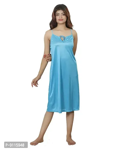 Nivcy Women Satin Comfortable Nightwear Knee Length Nighty (Ocean Blue)