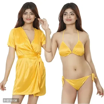 Nivcy Women Satin Nightwear Combo of Two Robe Knots  Tie-Up/Lingerie Set/ Stylish in This Nightwear from Color Yellow (Small)-thumb0