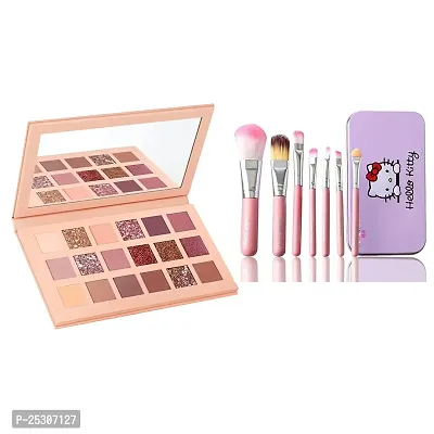 FAVORU. Nude Edition Eyeshadow Palette (18 Highly Pigmented, Shimmery, Metallic Colours) with 7 Pink Makeup Brushes Set - (Pack of 8)-thumb0