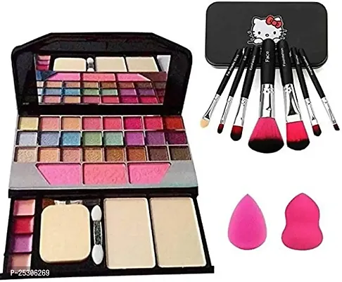 FAVORU. TYA 6155 Makeup Kit + 7Pcs Black Kitty Makeup Brushes + 2 Pc Blender Puff Combo - (Pack of 3)