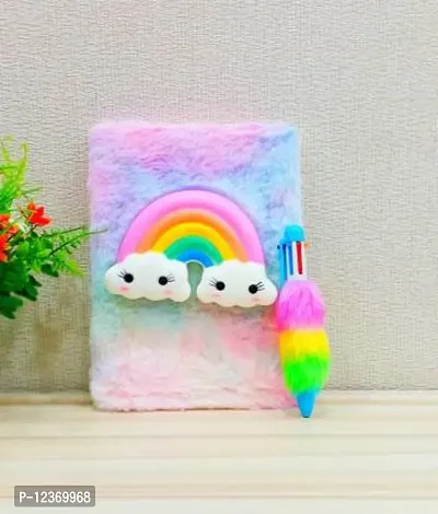 Priceless Deals Rainbow Plush Toy Embossed Soft Fur Diary with Fur Pen| Journal Diary A5 Diary Ruled 80 Pages-thumb0