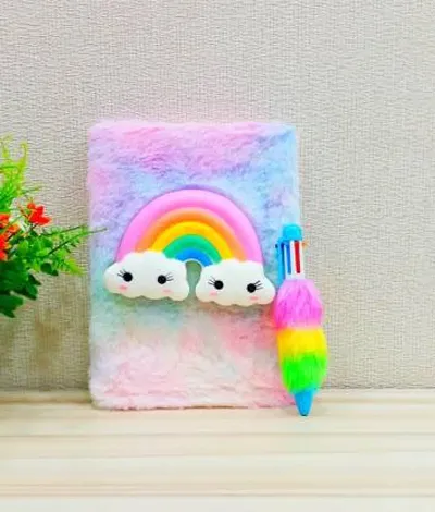 Priceless Deals Rainbow Plush Toy Embossed Soft Fur Diary with Fur Pen| Journal Diary A5 Diary Ruled 80 Pages