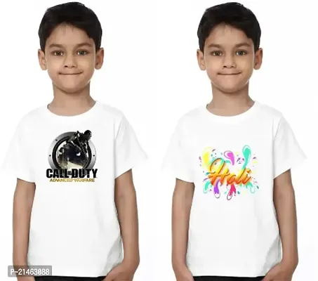 Elegant White Cotton Blend Printed Round Neck T-Shirts For Boys- Pack Of 2