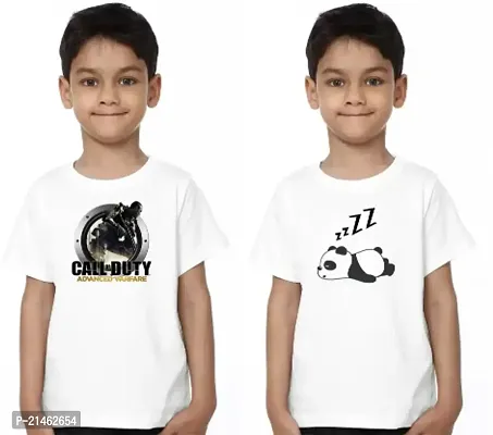 Elegant White Cotton Blend Printed Round Neck T-Shirts For Boys- Pack Of 2