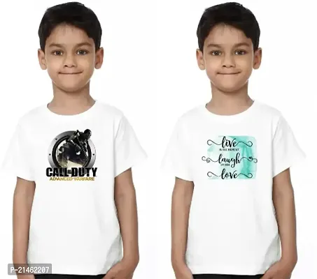 Elegant White Cotton Blend Printed Round Neck T-Shirts For Boys- Pack Of 2