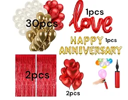 Happy Anniversary Decoration Set - Combo of 37 Pcs | Balloons for Anniversary | Anniversary Decoration Items | Happy Wedding Anniversary | Red Heart Shape Foil Ballon | Curtain | Ballon Pump.-thumb1