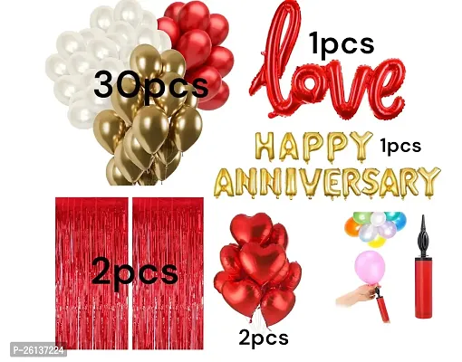 Happy Anniversary Decoration Set - Combo of 37 Pcs | Balloons for Anniversary | Anniversary Decoration Items | Happy Wedding Anniversary | Red Heart Shape Foil Ballon | Curtain | Ballon Pump.-thumb2