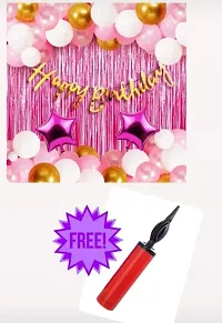 Sid Pari Saller Happy Birthday Decorations For Girls Combo Set- Pink White Gold Metallic Balloons, Happy Birthday Banner, Foil Curtain, Star Foil Balloons+1 Air Balloon Pump-thumb1