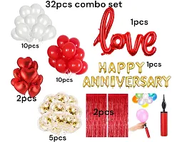 Happy Anniversary Decoration Set - Combo of 32 Pcs | Balloons for Anniversary | Anniversary Decoration Items | Happy Wedding Anniversary | Red Heart Shape Foil Ballon | Curtain | Ballon Pump.-thumb1