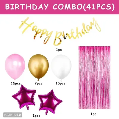 Sid Pari Saller Happy Birthday Decorations For Girls Combo Set- Pink White Gold Metallic Balloons, Happy Birthday Banner, Foil Curtain, Star Foil Balloons+1 Air Balloon Pump-thumb3