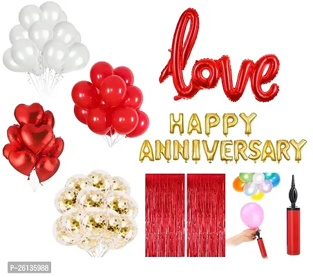 Happy Anniversary Decoration Set - Combo of 32 Pcs | Balloons for Anniversary | Anniversary Decoration Items | Happy Wedding Anniversary | Red Heart Shape Foil Ballon | Curtain | Ballon Pump.