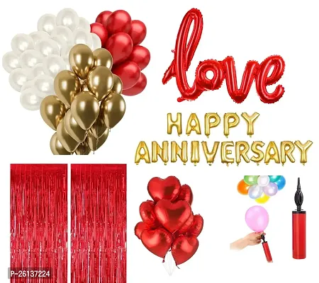 Happy Anniversary Decoration Set - Combo of 37 Pcs | Balloons for Anniversary | Anniversary Decoration Items | Happy Wedding Anniversary | Red Heart Shape Foil Ballon | Curtain | Ballon Pump.