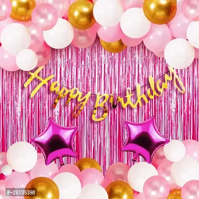 Sid Pari Saller Happy Birthday Decorations For Girls Combo Set- Pink White Gold Metallic Balloons, Happy Birthday Banner, Foil Curtain, Star Foil Balloons+1 Air Balloon Pump