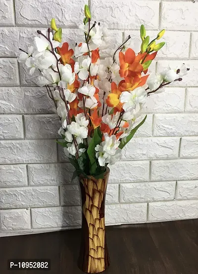 Petalshue Artificial White Blossom 9 Sticks Bunch & Orange Orchid Flower 5 Stems for Home Decor Office | Artificial Flower Bunches for Vases [ VASE NOT Included ]