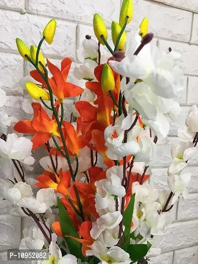 Petalshue Artificial White Blossom 9 Sticks Bunch & Orange Orchid Flower 5 Stems for Home Decor Office | Artificial Flower Bunches for Vases [ VASE NOT Included ]-thumb3