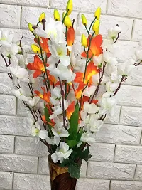 Petalshue Artificial White Blossom 9 Sticks Bunch & Orange Orchid Flower 5 Stems for Home Decor Office | Artificial Flower Bunches for Vases [ VASE NOT Included ]-thumb1