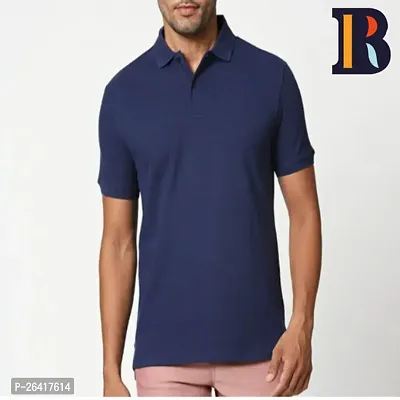 Comfortable Navy Blue Solid Cotton Polos For Men-thumb0