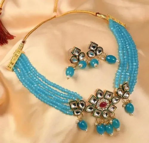 H.S. ENTERPRISES? Plated Kundan Stylish Necklace Jewellery Set for Women(JWR-04-Sky Blue)