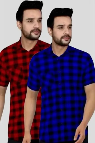 Mens Casual Slim Fit Checked Half Shirt Pack of 2