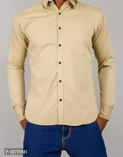 Reliable Beige Polyester Solid Casual Shirt For Men-thumb0