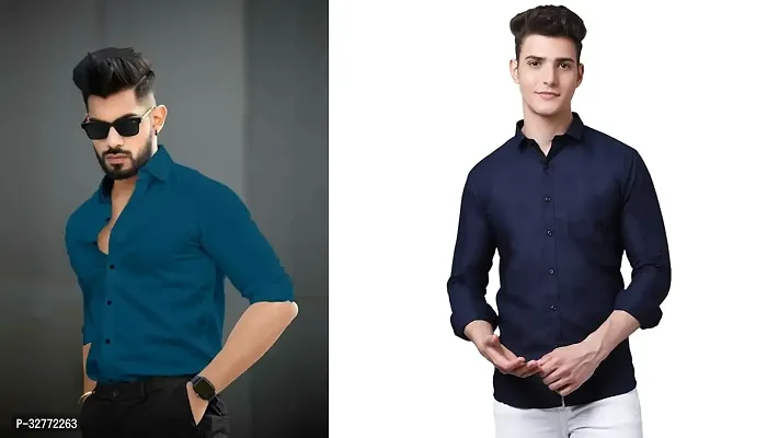 Reliable Blue Polyester Solid Casual Shirts For Men Pack Of 2-thumb0