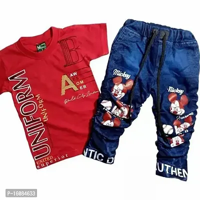 Fabulous Red Cotton Printed T-Shirts with Jeans For Boys