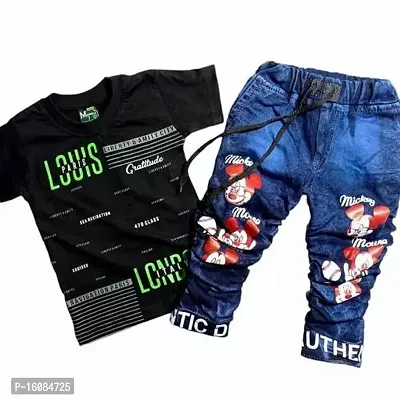 Fabulous Black Cotton Printed T-Shirts with Jeans For Boys