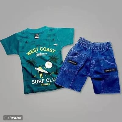 Fabulous Green Cotton Printed T-Shirts with Shorts For Boys