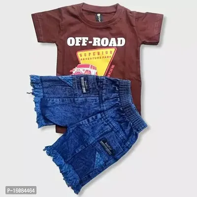 Fabulous Brown Cotton Printed T-Shirts with Shorts For Boys