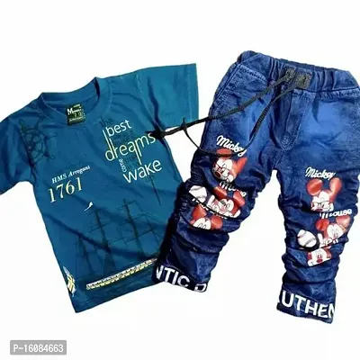 Fabulous Blue Cotton Printed T-Shirts with Jeans For Boys