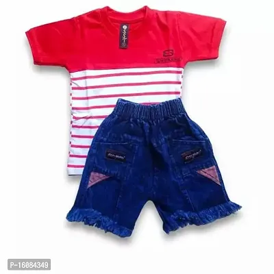 Fabulous Red Cotton Printed T-Shirts with Shorts For Boys