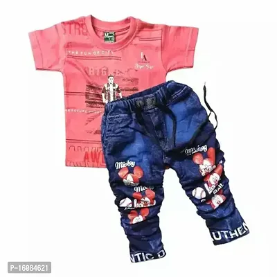 Fabulous Pink Cotton Printed T-Shirts with Jeans For Boys