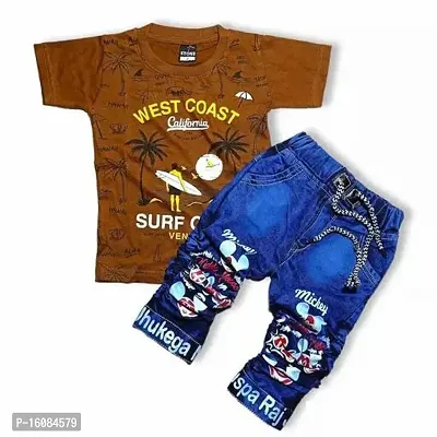 Fabulous Brown Cotton Printed T-Shirts with Jeans For Boys