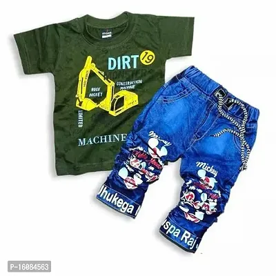 Fabulous Green Cotton Printed T-Shirts with Jeans For Boys-thumb0