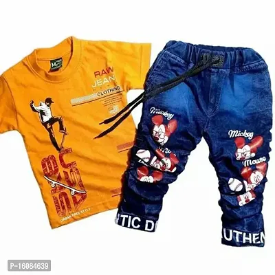 Fabulous Yellow Cotton Printed T-Shirts with Jeans For Boys