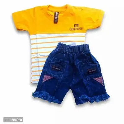 Fabulous Yellow Cotton Printed T-Shirts with Shorts For Boys