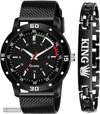 Elegant Black Metal Watch With Bracelet Combo For Men