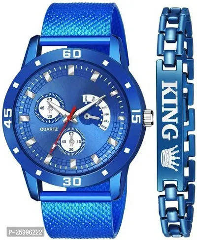Elegant Blue Metal Watch With Bracelet Combo For Men-thumb0