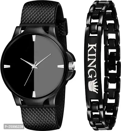 Elegant Black Metal Watch With Bracelet Combo For Men