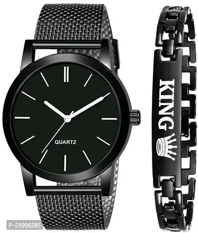 Elegant Black Metal Watch With Bracelet Combo For Men