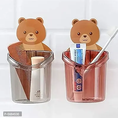 ARV Wall Mount Teddy Bear Toothbrush Holder Cup. ABS Plastic with Strong Adhesive Sticker. Easy Installation. (Pack of 2)