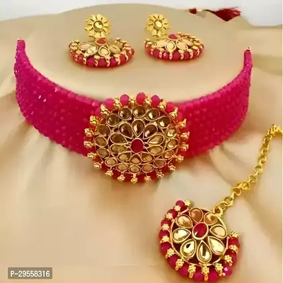 Stylish Pink Alloy Pearl Jewellery Set For Women-thumb0