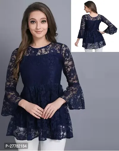 Elegant Navy Blue Net Self Design Top For Women