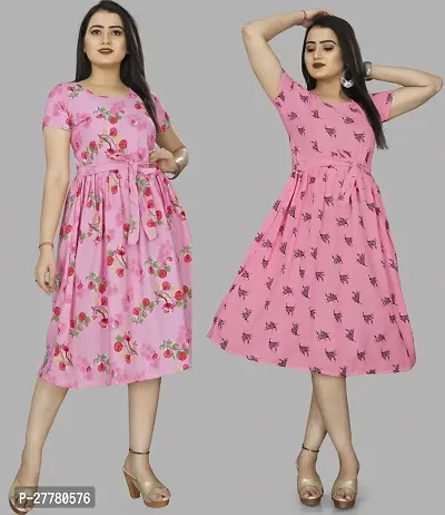 Stylish Pink Crepe Printed Dress For Women Pack Of 2