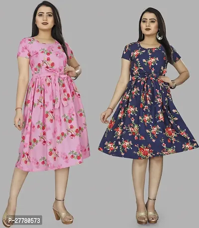 Stylish Multicoloured Crepe Printed Dress For Women Pack Of 2