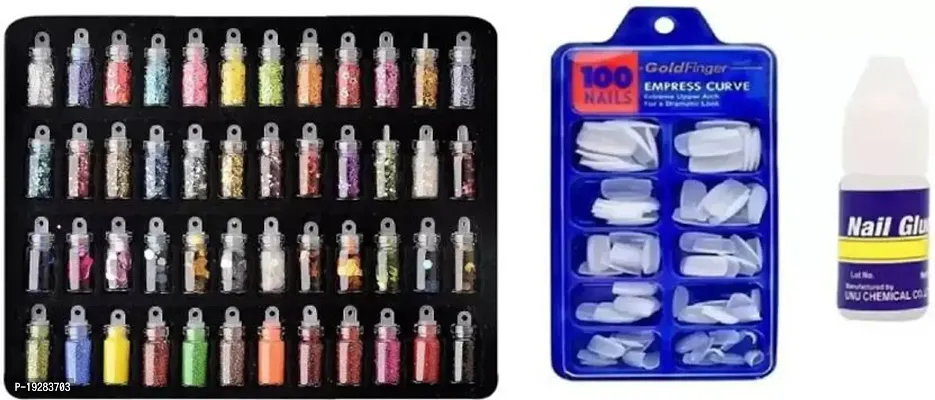 Everwey 48 Pcs 3D Nail Art Kit. Glitter Sequins Rhinestones And Artificial Nails With Gluenbsp;nbsp;(3 Items In The Set)-thumb0